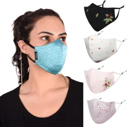 Anti-Pollution, Anti-Bacterial (BFE>99%) 4 Layer Embroidered, Designer, Fashionable & Protective Cotton Cloth Face Mask Combo for Women with 1 Detachable Chain & Ear Loops Verbina_Combo_Large_05 Reusable, Washable Cloth Mask-image-33