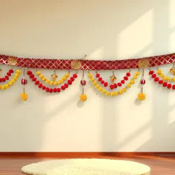 Decorative Door Toran with Ganesha Red & Yellow Woolen Pom-Poms Toran-image-97