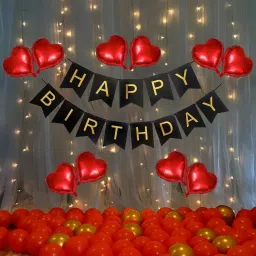 Solid Happy Birthday Banner & Balloons Decoration Kit - 73Pcs Combo Set - Birthday Banner, Heart Foil Ballons, Metallic & Latex Balloon, String Lights - Birthday Decor Items For Men & Women Balloon-image-22