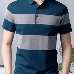 ausk Men Striped Polo Neck Cotton Blend Dark Blue, Grey T-Shirt-picture-2