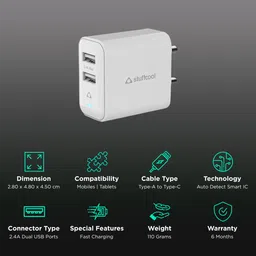 Stuffcool Flow Type A 2-Port Fast Charger (Type A to Type C Cable, Auto Detect Smart IC, White) image 2