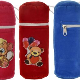 Cartoon Printed Soft Velvet Stretchable Baby Feeding Bottle Cover With Easy to Hold Strap, Pack of 3 (Blue & Red & Pink)-10