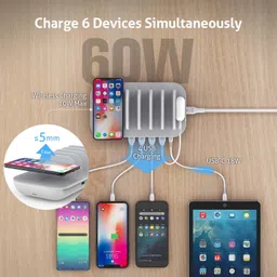 Soopii 60W 6-in-1 Wireless Charging Dock for iPhone XS, Max XS, XR, X, 8, 8 Plus/Google Pixel 3, 3XL, 2, 2XL/Samsung Galaxy Note 9, Note 8, S9, S9 Plus, S8, S8 Plus, S7, Nexus 5X 6P, Earbuds (Qi Charging, White/Grey) image 4