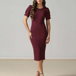 moda rapido Women Bodycon Maroon Below Knee Dress-picture-23