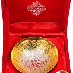 Engraved Design Silver Plated Gold Polished Bowl & Spoon, Serveware & Tableware, Decorative Gift item Bowl, Spoon Serving Set-14