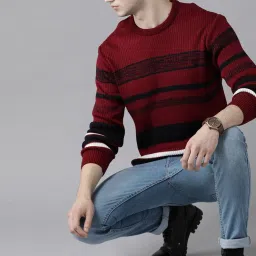 Men Striped Round Neck Maroon Sweater-picture-34