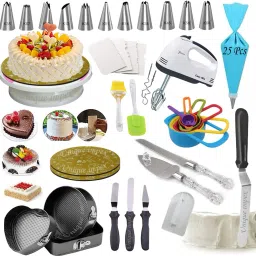 3 Pcs Cake Moulds (Heart/Round/Square) + Cake Turn Table Stand + 10 inch-2Pcs Reusable MDF Cake Base Board + 12 Piece Cake Decorating Set With 25 Pcs disposable Piping Bag + 6 Pcs Measuring Cups + Silicone Spatula and Brush Set + 4 Pcs Scraper + Electric Hand biter + Stainless Steel Cake Cutting Knife and Server Set with Clear & transparent handle like Crystal + Cake Smoother + 13 inch Angular Knife-3 Pcs Multi-Function Stainless Steel Cake Icing Spatula Knife Set (All Product Washable & Reusable) Kitchen Tool Set-image-68
