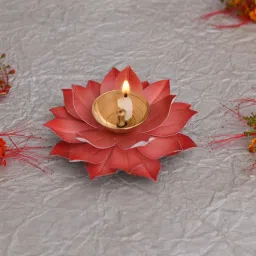 Brass Lotus Flower Decorative Puja Diya (Red 5.5 X 1.5 Inch) Brass Table Diya Set-image-11
