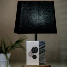 posh n plush Black Fabric Shade Marble Table LED Lamp With Antique Brass Base-picture-0