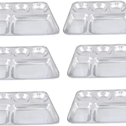 Pack of 6 Stainless Steel Steel Plates for Lunch/ Dinner Thali Set 5 in 1 Rectangle Compartments Dish K1 Dinner Set-25
