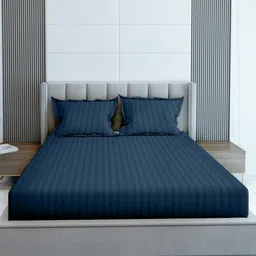 LABHAM Navy Blue Striped 210 TC King Bedsheet with 2 Pillow Covers-image-71