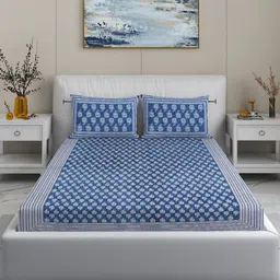 MODEFE Blue Floral 144 TC Cotton King Bedsheet With 2 Pillow Covers - 2.2 M x 2.7 M-54