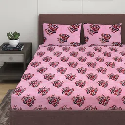 ROMEE Pink & Black Floral 144 TC Queen Bedsheet with 2 Pillow Covers-5