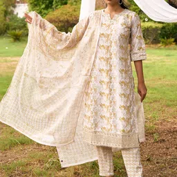 Libas Notched Neck Flared Sleeves Ethnic Embroidered Kurta with Palazzo & Dupatta-15