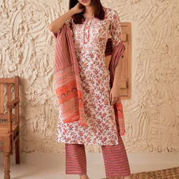 Libas Floral Printed Regular Mirror Work Pure Cotton Kurta with Palazzos & Dupatta-image-10