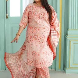 EXTRA LOVE BY LIBAS Plus Size Floral Printed Regular Kurta with Trousers & Dupatta-12