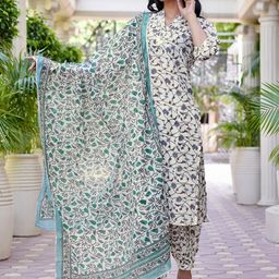 Libas Women White Floral Printed Pure Cotton Kurta with Salwar & With Dupatta-20