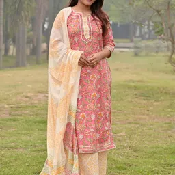 Libas Women Pink & Green Floral Print Cotton Straight Kurta with Palazzos & With Dupatta-image-44