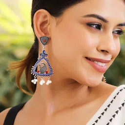 Rubans Oxidised Silver-Plated Peacock Design Drop Earrings with Blue & Red Stones-22