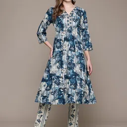 Readiprint Fashions Floral Printed Pleated Pure Cotton Kurta With Trousers-45