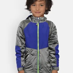 Cherry Crumble Kids Charcoal Grey & Blue Colourblocked Lightweight Hooded Tailored Jacket-picture-50