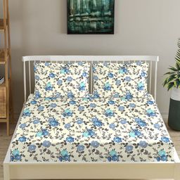 Trance Home Linen Blue & Cream Floral 180 TC Queen Bedsheet with 2 Pillow Covers-image-95