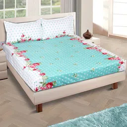 ROMEE Green & White Floral Microfiber 144 TC Queen Bedsheet with 2 Pillow Covers-image-82