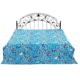 Exotic India Blue & Red Ethnic Motifs Cotton 300 TC Queen Bedsheet-image-91