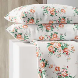 Layers Zen White & Orange Floral 225 TC King Bedsheet with 2 Pillow Covers-image-79