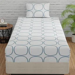 Huesland White & Blue Printed 144 TC Cotton Single Bedsheet & 1 Pillow Cover-image-92