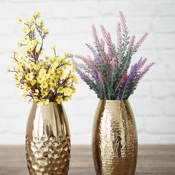 BEHOMA Hammered Gold toned 2 Pieces Textured Oval Metal Flower Vase-36