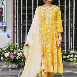 SAVI Floral Printed Mirror Work Pure Cotton Anarkali Kurta with Churidar & With Dupatta-19