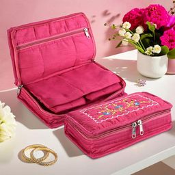 Kuber Industries Pink &  Green 2 Pieces Floral Embroidery Jewellery Organiser-2