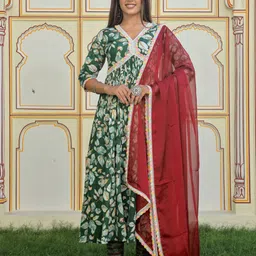 ELVISH JAIPUR Floral Printed Pure Cotton Kantha Work Kurta with Trousers & Dupatta-28