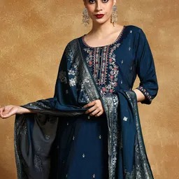 Varanga Women Floral Embroidered Regular Thread Work Kurta with Trousers & With Dupatta-12