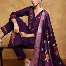 Varanga Women Floral Embroidered Regular Thread Work Kurta with Trousers & With Dupatta-picture-39
