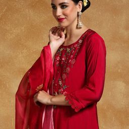 Varanga Women Floral Yoke Design Regular Thread Work Kurta with Trousers & With Dupatta-image-59