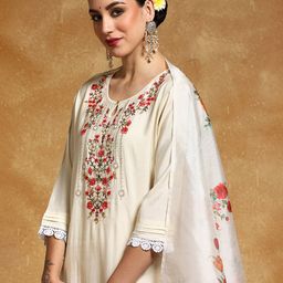 Varanga Women Floral Yoke Design Regular Thread Work Kurta with Trousers & With Dupatta-19