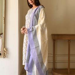 Bunaai Anvi Women Floral Printed Regular Thread Work Kurta with Trousers & With Dupatta-image-1