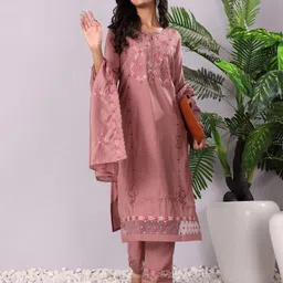 Varanga Mauve Floral Embroidered Mirror Work Kurta With Trousers & Dupatta-picture-9