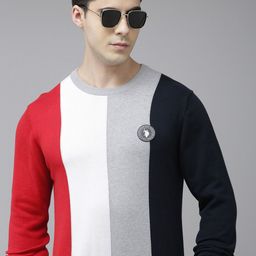 U.S. Polo Assn. Men Red & Grey Melange Colourblocked Pullover Sweater-2