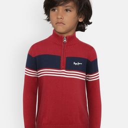 Pepe Jeans Boys Red & Navy Blue Placement Striped Pullover Sweater-image-42