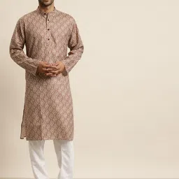 SOJANYA Men Brown & Beige Printed Regular Pure Cotton Kurta with Churidar-picture-4