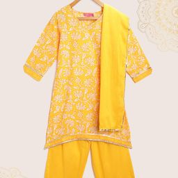 Biba Girls Mustard Yellow & White Printed Pure Cotton Kurta with Palazzos & Dupatta-picture-11