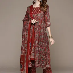 Anubhutee Women Rust & White Paisley Print Pure Cotton Kurta with Trousers & Dupatta-15