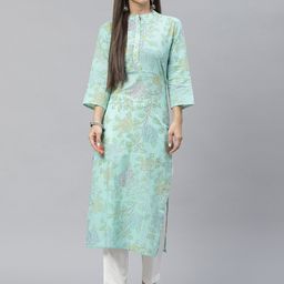 Indibelle Women Sea Green Floral Printed Pure Cotton Kurta with Trousers-36