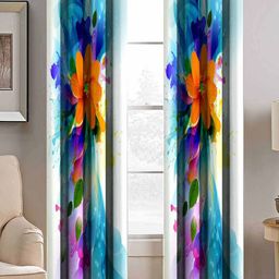 BELLA TRUE White & Blue Set of 2 Floral Room Darkening Window Curtain-image-102