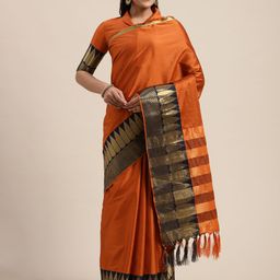 Saree mall Orange & Black Silk Blend Solid Block Print Saree-image-93