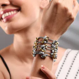 Rubans Oxidised Silver-Plated Multi-Layered Chain Bracelet with Golden & Silver Bells-22