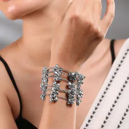 Rubans Oxidised Silver-Plated Multi-Layered Chain Bracelet with Silver Bells-22